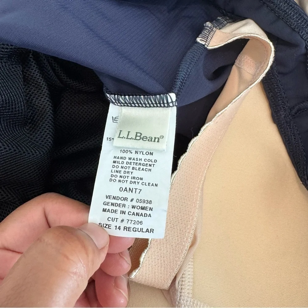 LL BEAN womens 1 pc SWIM SWIMMING SUIT SHORTS dark blue stripe BRA TOP size 14R